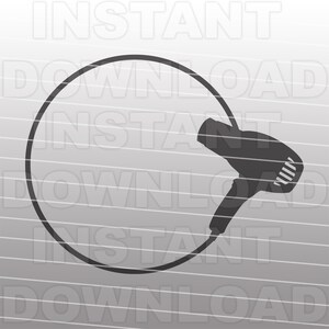 May include: A black and white silhouette of a hairdryer with a cord wrapped in a circle. The hairdryer has a nozzle and a handle.