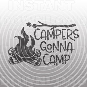 Puede incluir: Diseño gráfico en blanco y negro con una fogata, un palo con malvaviscos y el texto "Campers Gonna Camp".