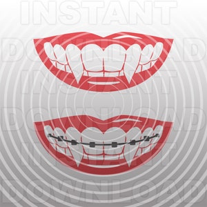 Dentes de vampiro sorrindo com aparelho svg arquivo, presas de vampiro svg - clipart vetorial para uso comercial/pessoal - cricut, silhueta cameo, vinil svg