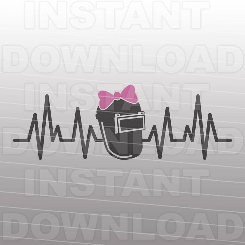 May include: A black welding helmet with a pink bow on top, in front of a gray and white striped background. The helmet is inside a stylized heartbeat.