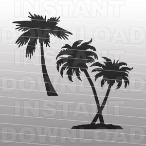 May include: Black silhouette of three palm trees against a light gray background. The trees have detailed fronds and slender trunks, with one tree leaning to the left and two trees leaning to the right. The image has a tropical theme.