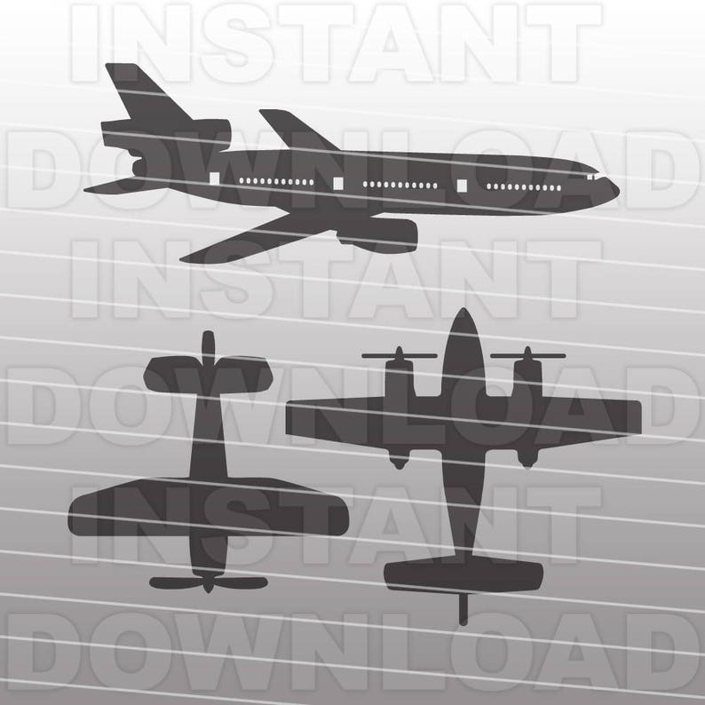 May include: Silhouettes of three airplanes, a large commercial jet, a smaller propeller plane, and a twin-engine aircraft. The airplanes are all black against a white and gray striped background.