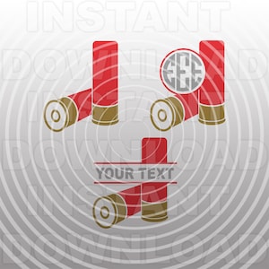 May include: A digital design featuring three red and brown shotgun shells with a monogram in a circle and the text "YOUR TEXT" in a banner. The design is on a gray background with concentric circles.