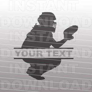 May include: Silhouette of a softball catcher in a crouching position, wearing a helmet and holding a glove. The image includes a blank space for text that says "YOUR TEXT".