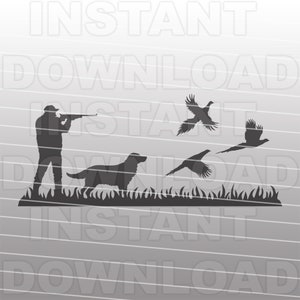 Cazador con Golden Retriever cazando faisanes archivo SVG, arma perro caza SVG, uso comercial y personal, Cricut, silueta Cameo, calcomanía de vinilo