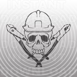 May include: A black and white illustration of a skull wearing a hard hat and crossed wrenches. The skull has a serious expression and is set against a background of concentric circles.