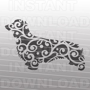 Daschund à poil long fichier SVG en filigrane, fichier SVG chien Weiner, usage commercial-personnel, fichier svg Vector Clipart pour Cricut, fichier svg pour Silhouette