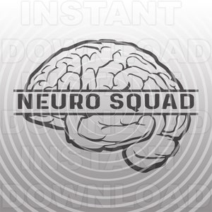 Puede incluir: Una ilustración en blanco y negro de un cerebro con el texto "Neuro Squad" en el medio.