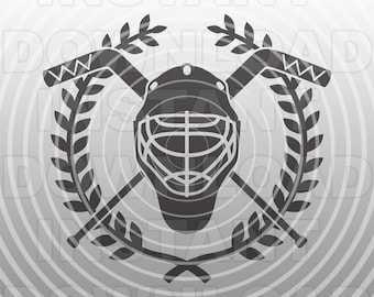 Máscara de portero de hockey con palos de hockey cruzados y archivo SVG de corona de laurel -Uso comercial y personal- Cricut,Silhouette Cameo,Vinyl svg