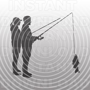 Arquivo SVG de pesca de casal, homem e mulher pescando SVG - Clip Art vetorial para uso comercial e pessoal - Cricut, Cameo, Silhueta, Ferro em vinil