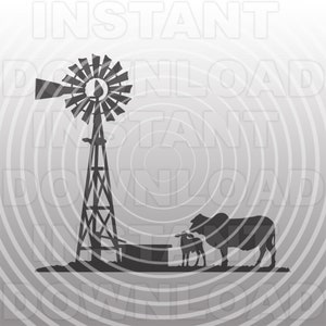 Scène de ferme avec Brahman Cattle et Windmill SVG File, Farming SVG -Vector Art Commercial & Personal Use- Cricut,Silhouette,Cameo,vinyl cut