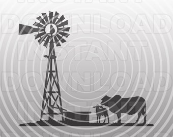 May include: Silhouette of a windmill with a cow and calf standing in front of it. The windmill is in the center of the image and the cow and calf are on the right side of the image. The background is a gray gradient with concentric circles.