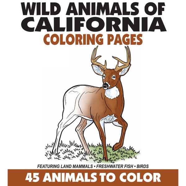 45 Wild Animals of California Coloring Pages Book,Fish + Birds + Mammals Coloring Pages,Instant Download,Printable PDF,Animals + Nature