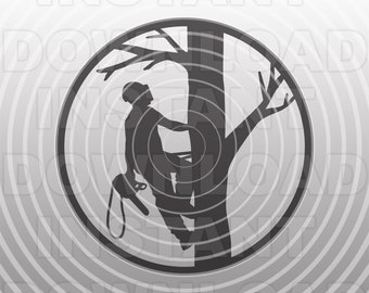 Tree Cutter Climbing Tree with Chainsaw within Circle SVG File -Vector Clipart Commercial & Personal Use- Cricut,Silhouette,Cameo,vinyl svg