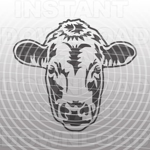May include: Black and white silhouette of a cow's head. The cow has large ears and a prominent nose.