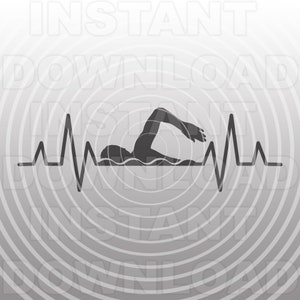 May include: A black silhouette of a person swimming freestyle, with a stylised heartbeat line below. The image is set against a grey background with concentric circles.