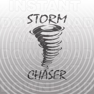 May include: Black and white illustration of a tornado with the words "Storm Chaser" below it.