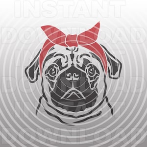 Pug SVG File,Pug with Bandana SVG,Pug Face svg -Vector Art Commercial & Personal Use- Cricut,Silhouette,Cameo,Vinyl Decal,Iron on Vinyl