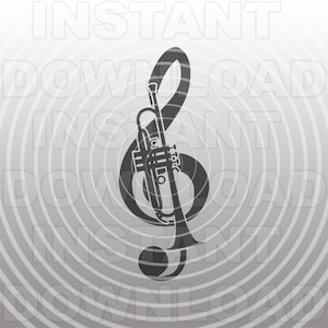 Trompete mit Violinschlüssel SVG-Datei, Marching Band SVG, Trompete Spieler SVG - Vektorkunst kommerzieller und persönlicher Gebrauch - Silhouette, Cameo, Cricut, Vinyl