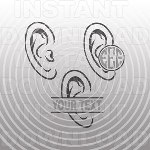 May include: Three gray ear silhouettes with the text "YOUR TEXT" in a banner below the bottom ear. The middle ear has a circle with the letters "EEE" inside.