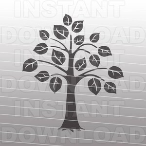 May include: A black silhouette of a tree with a thick trunk and many branches. The tree has a large number of leaves, all of which are the same size and shape.