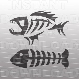 May include: Two black and white stylized fish skeletons. The top fish is larger and has a more detailed design. The bottom fish is smaller and simpler.