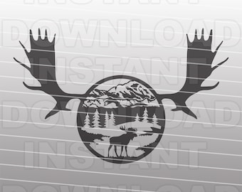 Moose SVG File,Moose Hunter SVG,Moose Antler Rustic Mountain Scene SVG -Vector Art Commercial/Personal Use-Cricut,Silhouette,Cameo,Vinyl Cut