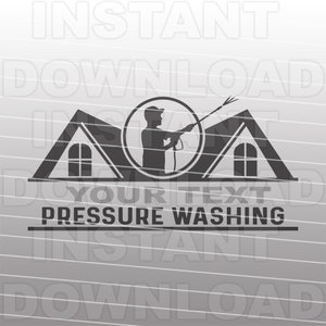 May include: Black and white logo design featuring a silhouette of a person holding a pressure washer, spraying water onto two houses with windows. The text "YOUR TEXT PRESSURE WASHING" is below the image.