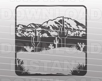 Southwest Desert Mountain Scene with Saguaro Cactus SVG File -Vector Art Commercial & Personal Use- Cricut,Cameo,Silhouette,Vinyl Cut