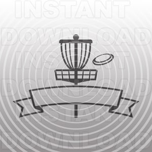 May include: A black and white silhouette of a disc golf basket with a disc flying towards it. The basket is on a stand with a banner underneath. The background is a gray gradient with concentric circles.