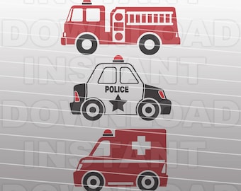 Police Car SVG File,Ambulance SVG,Fire Engine SVG-Cutting Template-Vector Clipart for Commercial & Personal Use-Cricut,Silhouette,Cameo