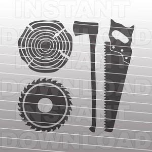 May include: A set of four black and white silhouette icons depicting woodworking tools: a saw, an axe, a circular saw blade, and a tree ring.
