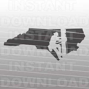 May include: A black silhouette of a person climbing a utility pole, superimposed on a black silhouette of the state of North Carolina.