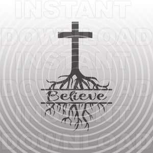 May include: Black silhouette of a cross with roots growing from the base, with the word "Believe" written on a banner between the roots.