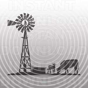 Farm Scene with Cattle and Windmill SVG File,Farming SVG -Vector Art Commercial & Personal Use- Cricut,Silhouette,Cameo,vector art,vinyl cut