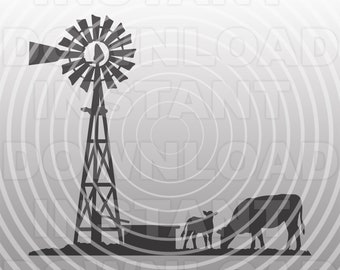 Farm Scene with Cattle and Windmill SVG File,Farming SVG -Vector Art Commercial & Personal Use- Cricut,Silhouette,Cameo,vector art,vinyl cut