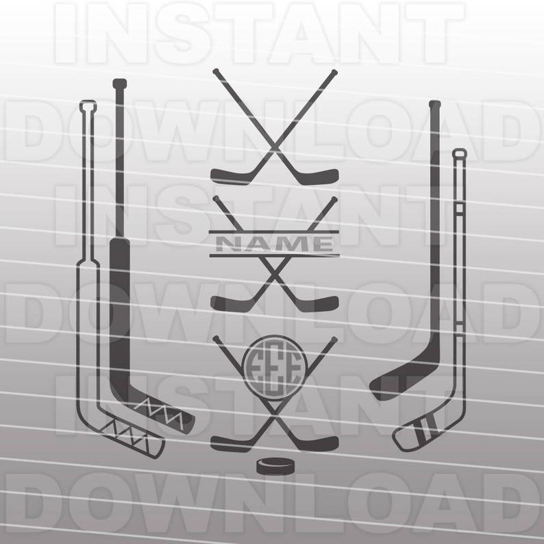 May include: A black and white design featuring hockey sticks and a puck. The design includes the text "NAME" and a monogrammed circle with the letters "EEE".