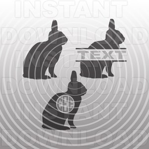May include: Three silhouette images of rabbits. The first rabbit is sitting with its head turned to the left. The second rabbit is sitting with its head turned to the right. The third rabbit is sitting with its head turned to the left and has a circle with the letters "GEE" inside.