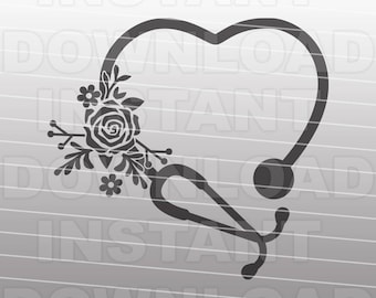 Fichier SVG stéthoscope floral, infirmière SVG, soins infirmiers SVG-Commercial & Personal Use-Vector Art pour Cricut, Silhouette, Cameo, fer sur vinyle