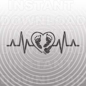 May include: A black and white illustration of a heartbeat with two footprints inside a heart shape.