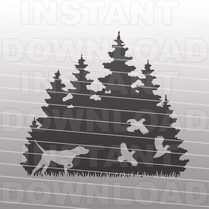 May include: Silhouette of a dog running through a forest with three trees and three birds flying above. The dog is in the foreground and the trees are in the background.
