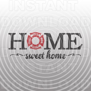May include: Black and white graphic design of the word "HOME" with a red fire department symbol in the center of the "O". The text "sweet home" is written in cursive below the word "HOME".