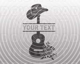 May include: A black silhouette of a guitar with a cowboy hat on top. The guitar has a floral design on the bottom. The text "YOUR TEXT" is written on a banner above the guitar.