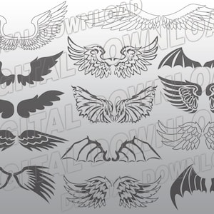 Puede incluir: Un conjunto de 12 diseños de alas en blanco y negro. Las alas son de varios estilos, incluyendo alas de ángel, alas de murciélago y alas emplumadas.