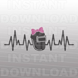 May include: A black welding helmet with a pink bow on top, in front of a gray and white striped background. The helmet is inside a stylized heartbeat.