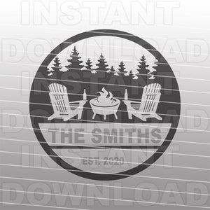 May include: Black and white silhouette of two chairs, a campfire, and trees in a circle with the text "The Smiths Est. 2020" at the bottom.