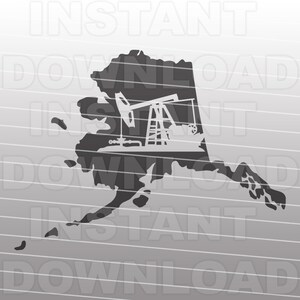 May include: A black and white silhouette of the state of Alaska with an oil derrick pump jack inside the outline.