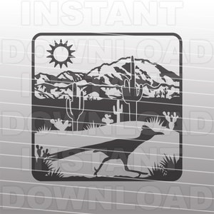 Roadrunner SVG-bestand, Zuidwest woestijn scène SVG, Saguaro Cactus SVG - Vector Art Commercieel & Persoonlijk Gebruik - Cricut, Cameo, Silhouet, Vinyl Cut
