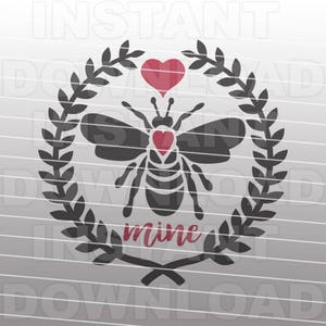 May include: Black and white silhouette of a bee with a red heart on its body, surrounded by a wreath of leaves. The text "mine" is written below the bee in red.
