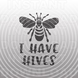 May include: A grayscale graphic of a bee with the text "I HAVE HIVES" beneath. The bee is centrally positioned, with detailed body segments and wings. The background features concentric circles, providing a textured appearance.